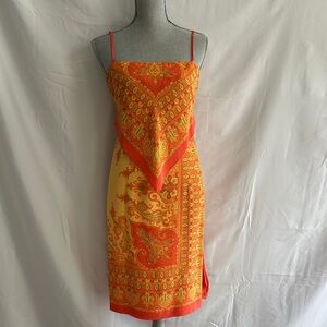 Donna Morgan Orange and Yellow Silk Paisley Midi Slip Dress